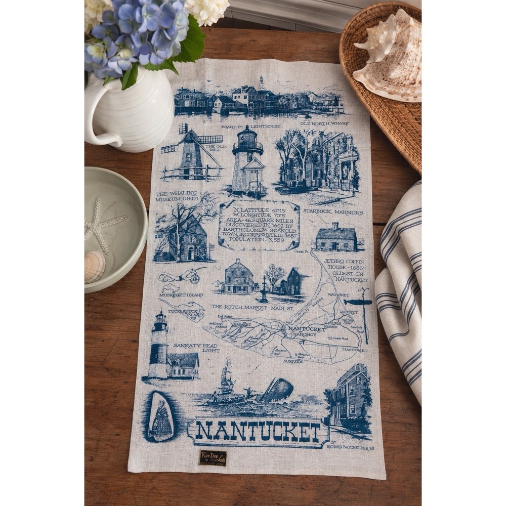 Nantucket Souvenir Linen Tea Towel Blue White Lighthouse Map 1965 VTG Wall Art